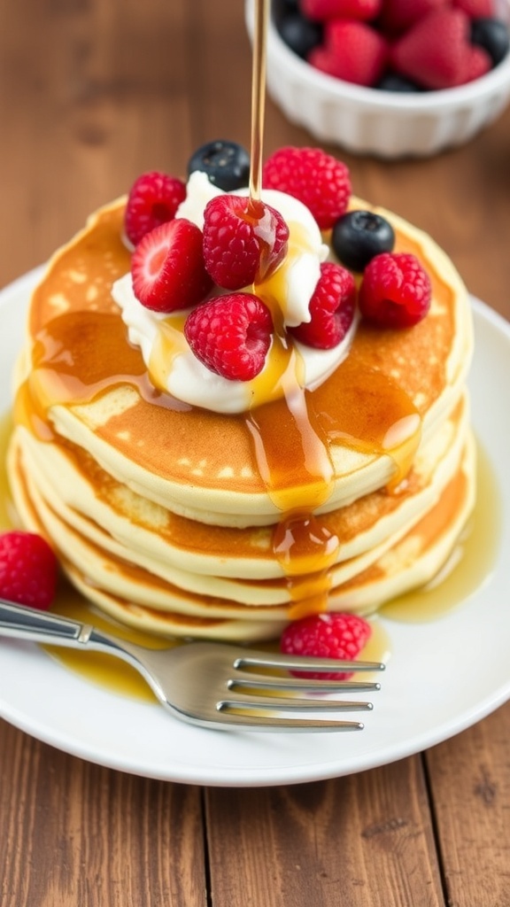 Fluffy Buttermilk Pancakes Recipe A stack of golden fluffy pancakes with syrup and berries on a rustic table.